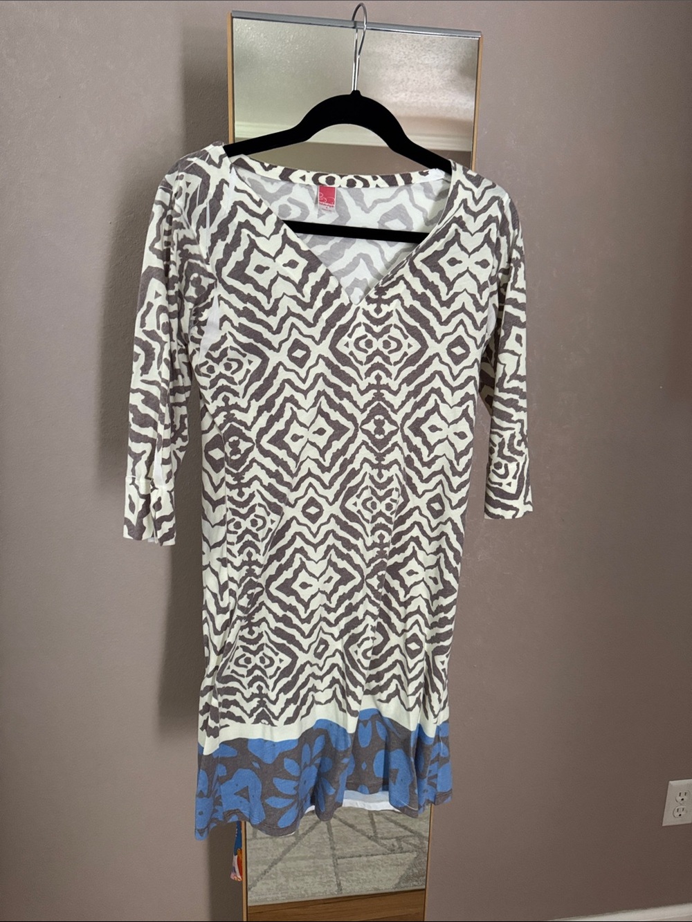 Geometric Print V-Neck Midi Dress in Cream, Brown & Blue